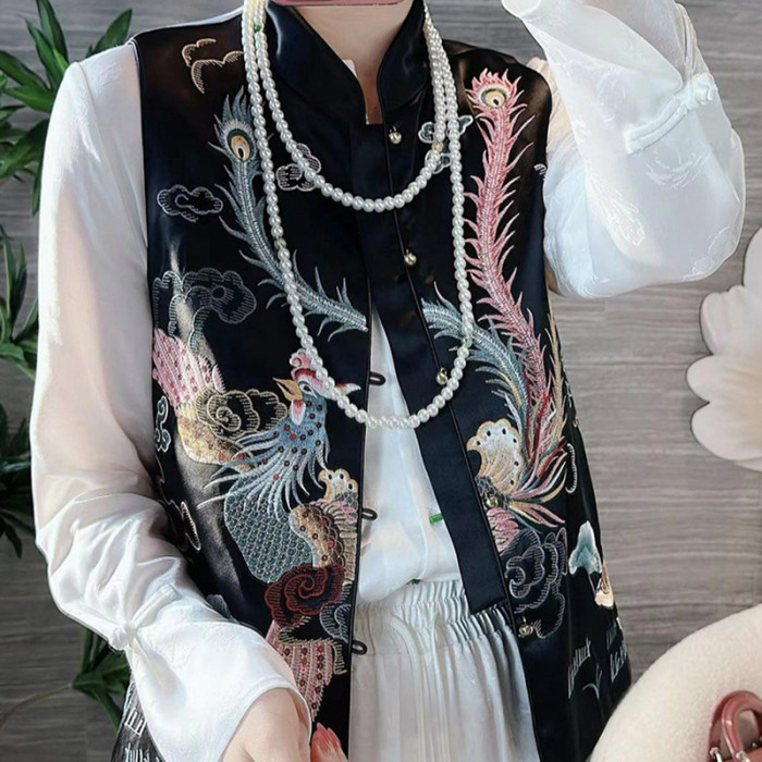 🖤 New Chinese Satin Phoenix Embroidery Stand Collar Buckle Cropped Vest