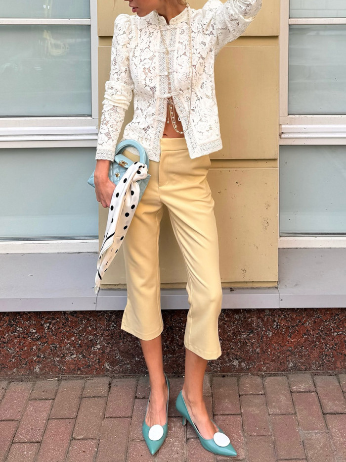 Split-Joint Solid Color Knot Hollow Crochet Long Sleeves Stand Collar Blouses&Shirts Tops
