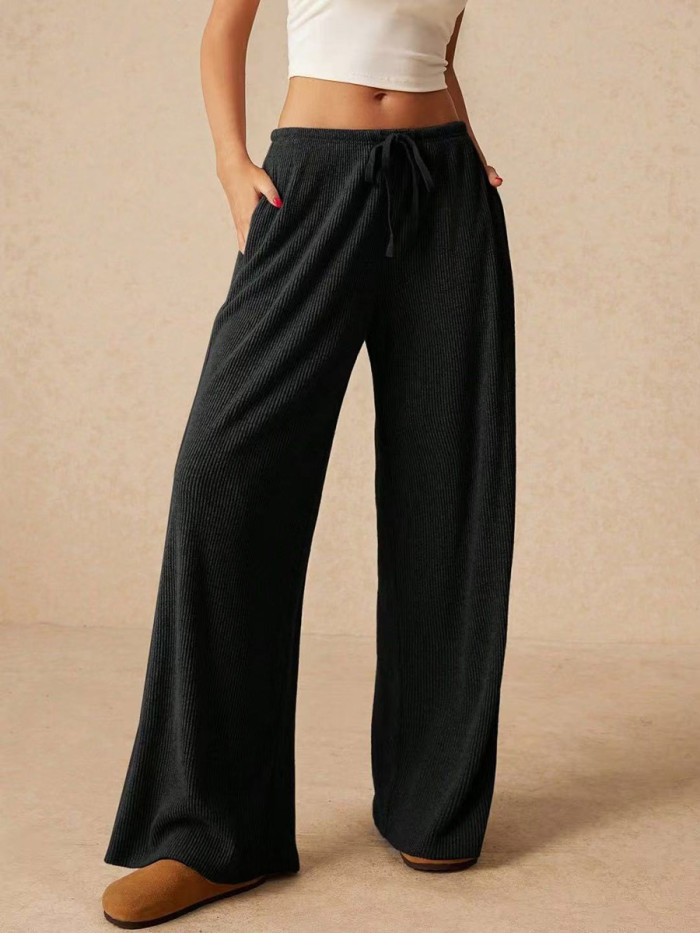 Split-Joint Solid Color Drawstring Wide Leg Loose Trousers Pants