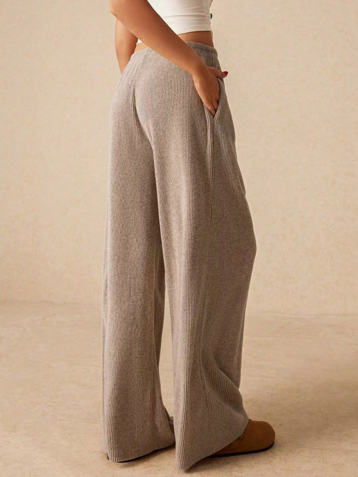 Split-Joint Solid Color Drawstring Wide Leg Loose Trousers Pants