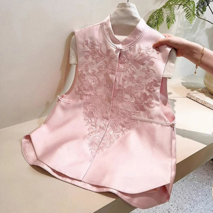 🖤 Vintage New Chinese Pink Embroidery Stand Collar Layered Vest Top