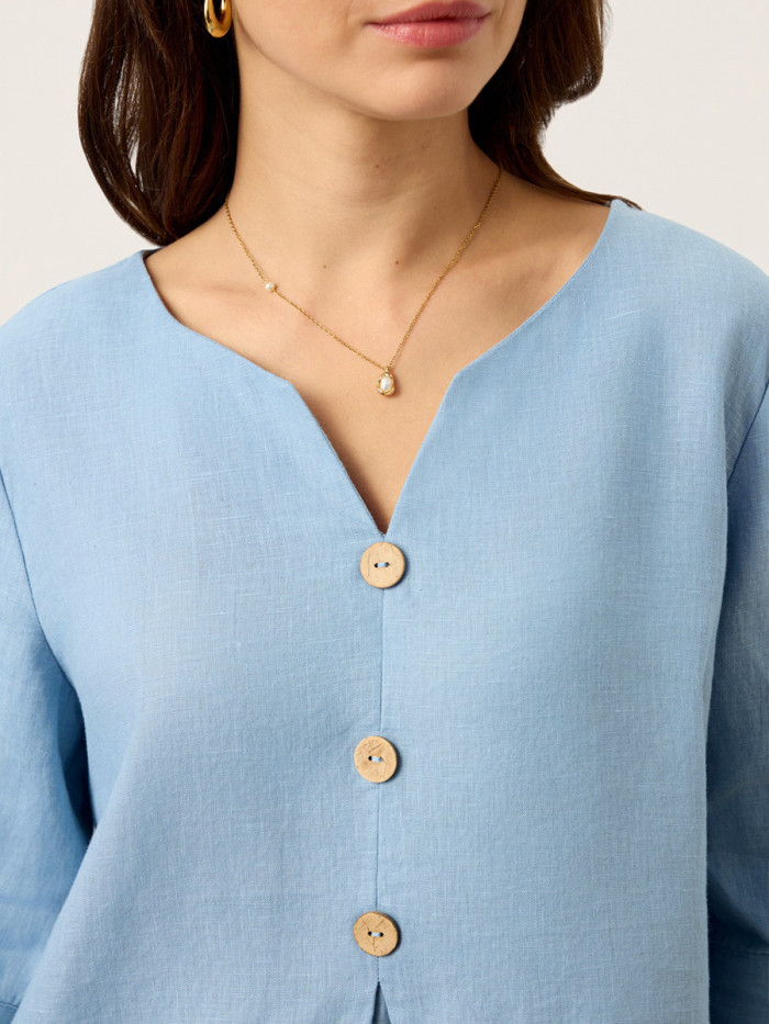 Solid Color Buttoned Three-Quarter Sleeves Loose V-Neck Blouses&Shirts Tops