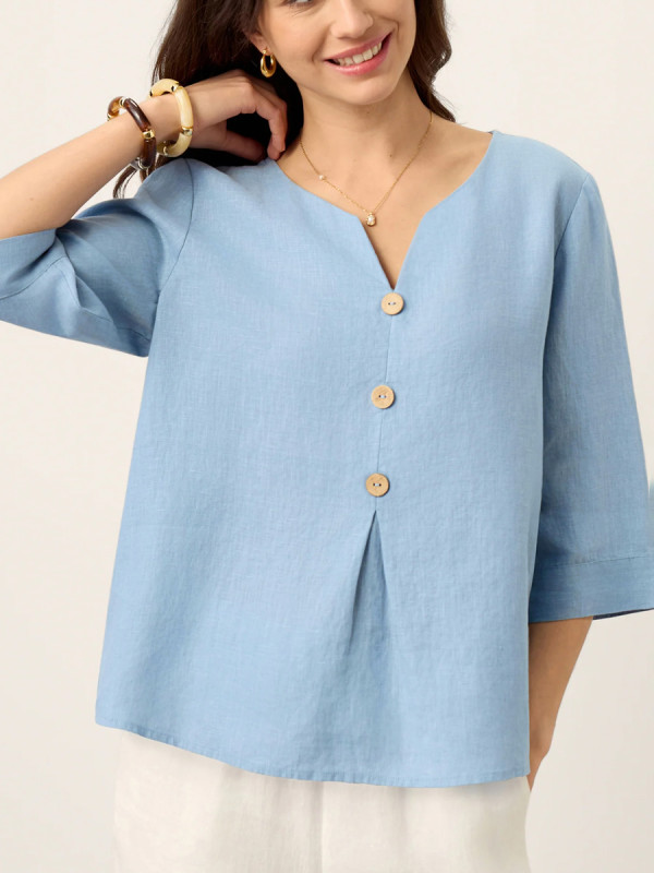 Solid Color Buttoned Three-Quarter Sleeves Loose V-Neck Blouses&Shirts Tops