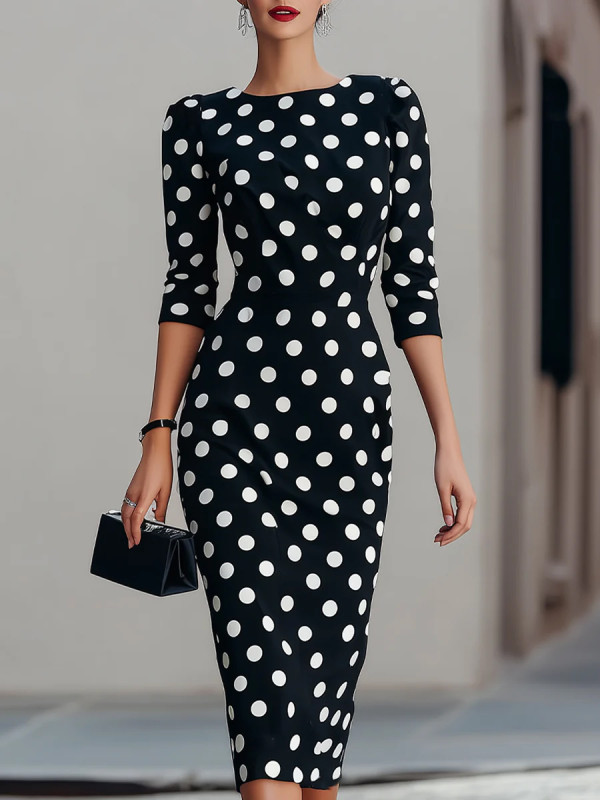 Zipper Split-Joint Polka-Dot Contrast Color Three-Quarter Sleeves High Waisted Round-Neck Midi Dresses