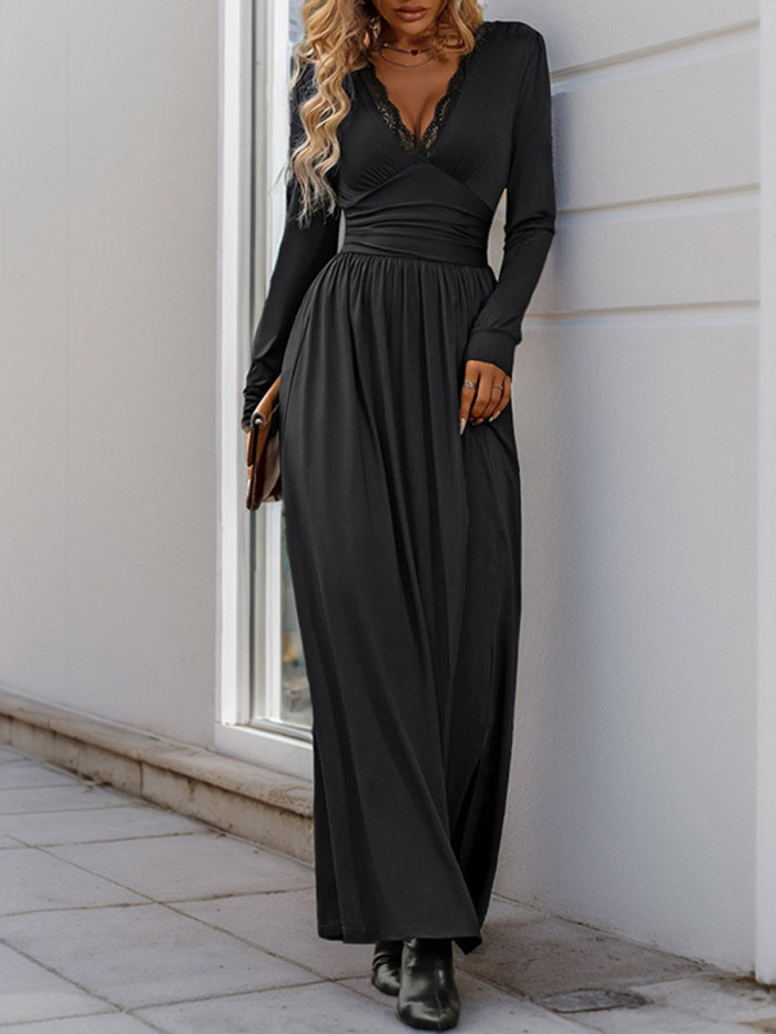 Split-side Solid Color Pleated High Waisted A-line V-neck Maxi Dresses
