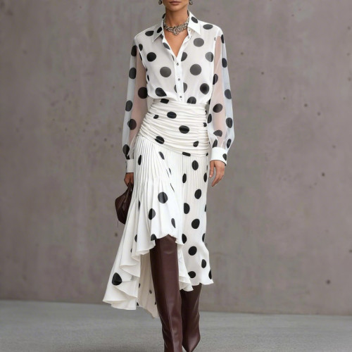 🖤 Modigirl Vintage Polka Dot Chiffon Sheer Sleeve Shirt & Asymmetric Skirt Set