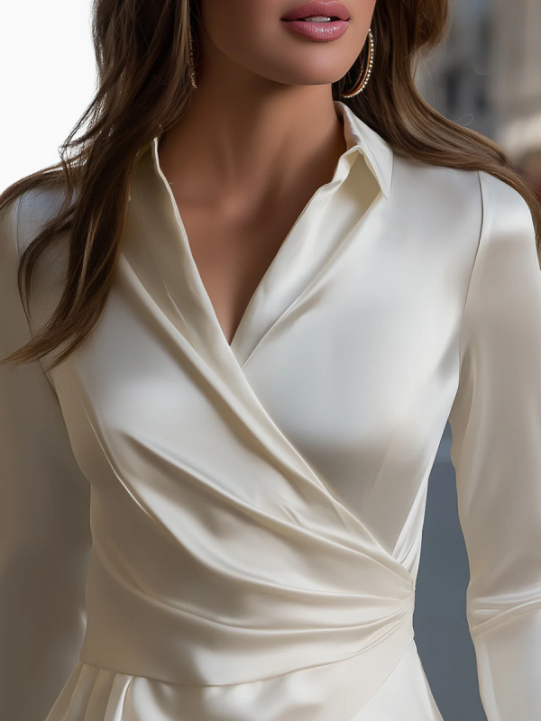 Split-Joint Solid Color Pleated Long Sleeves V-Neck Blouses&Shirts Tops