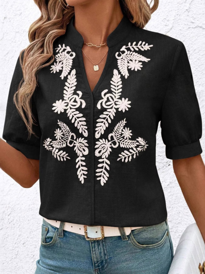 Split-Joint Contrast Color Flower-Embellished Short Sleeves Loose Stand Collar Blouses&Shirts Tops