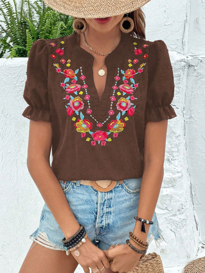 Split-Joint Ruffled Pleated Jacquard Contrast Color Flower-Embellished Short Sleeves Puff Sleeves V-Neck Blouses&Shirts Tops