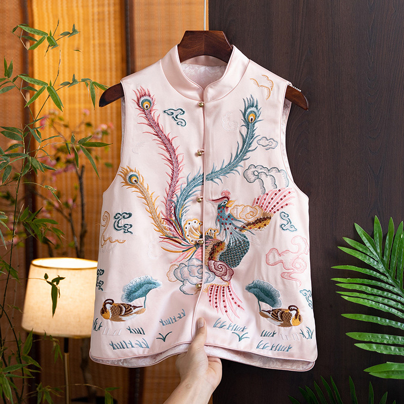 🖤 New Chinese Satin Phoenix Embroidery Stand Collar Buckle Cropped Vest