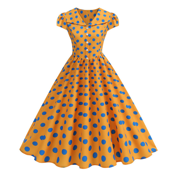 🖤 Retro Polka Dot High Waist Bow Belt Short Sleeve Dress
