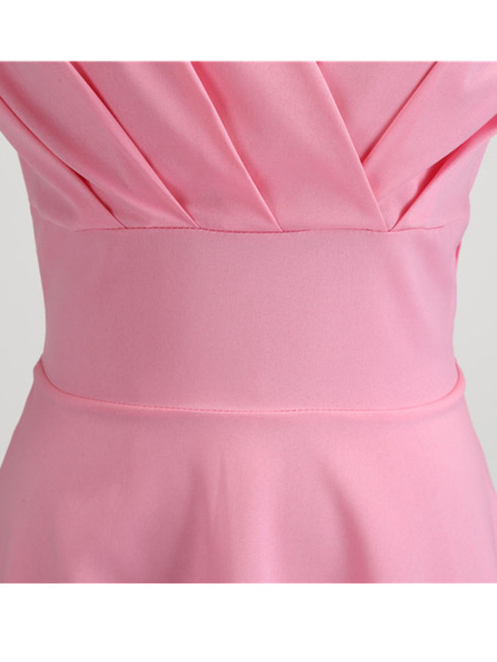 🖤 Pink Vintage V-Neck Pin-Up Retro Elegant Midi Dress Party Office