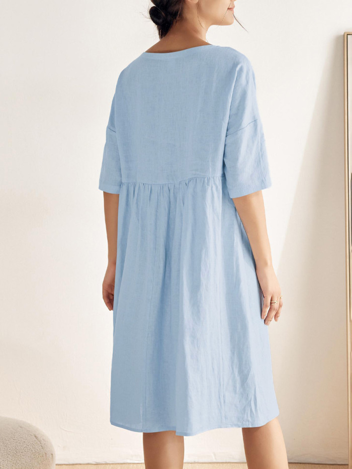Solid Color Pockets Pleated Loose Half Sleeves Round-Neck Midi Dresses