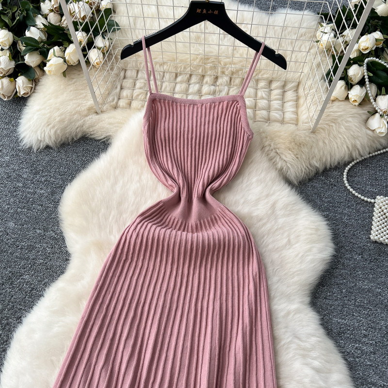🖤 Knitted Pleated High Waist Sleeveless Midi Slip Dress Elegant Yellow & Black Bodycon Streetwear Dress 🧶