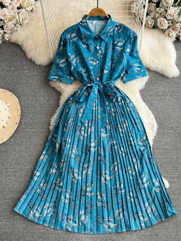 🖤 Summer Vintage Printed Pleated Midi Dress Turn-Down Collar Single Breasted High Waist Elegant Casual Dress 🌿
