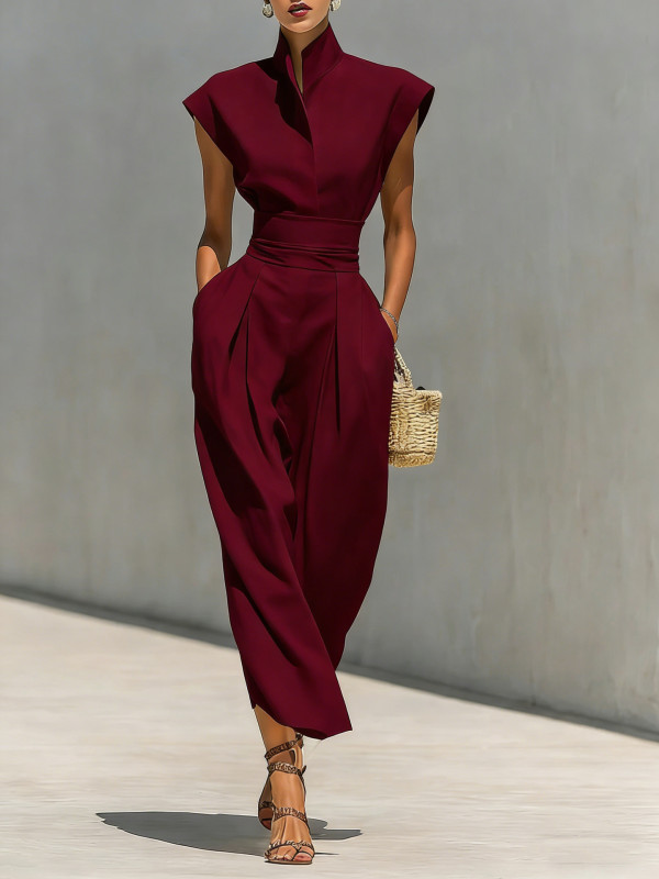 🖤 Summer Solid Stand Collar Sleeveless High Waist Pleated Slim Midi Dress With Pockets Commute Elegant 🌿