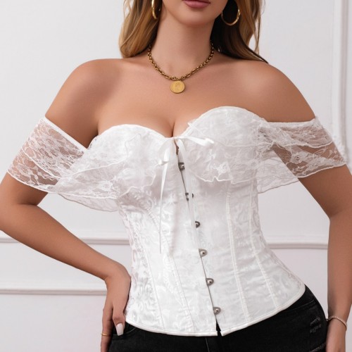 🖤 French Lace Ruffle Off Shoulder Zip Up Corset Tube Bustier Top