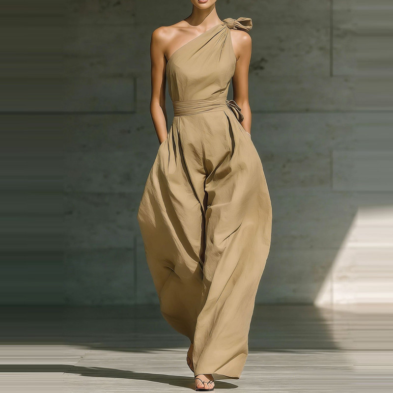 🖤 Slash Collar Sleeveless Hollow Out Solid Wide Leg Jumpsuit With Pockets Elegant Commute Playsuit 🌿