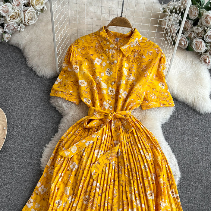 🖤 Summer Vintage Printed Pleated Midi Dress Turn-Down Collar Single Breasted High Waist Elegant Casual Dress 🌿