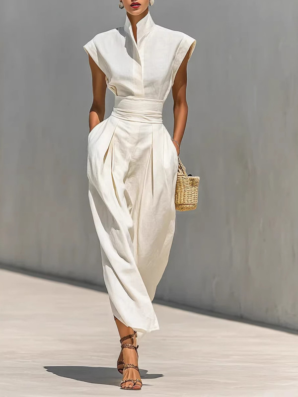 🖤 Summer Solid Stand Collar Sleeveless High Waist Pleated Slim Midi Dress With Pockets Commute Elegant 🌿