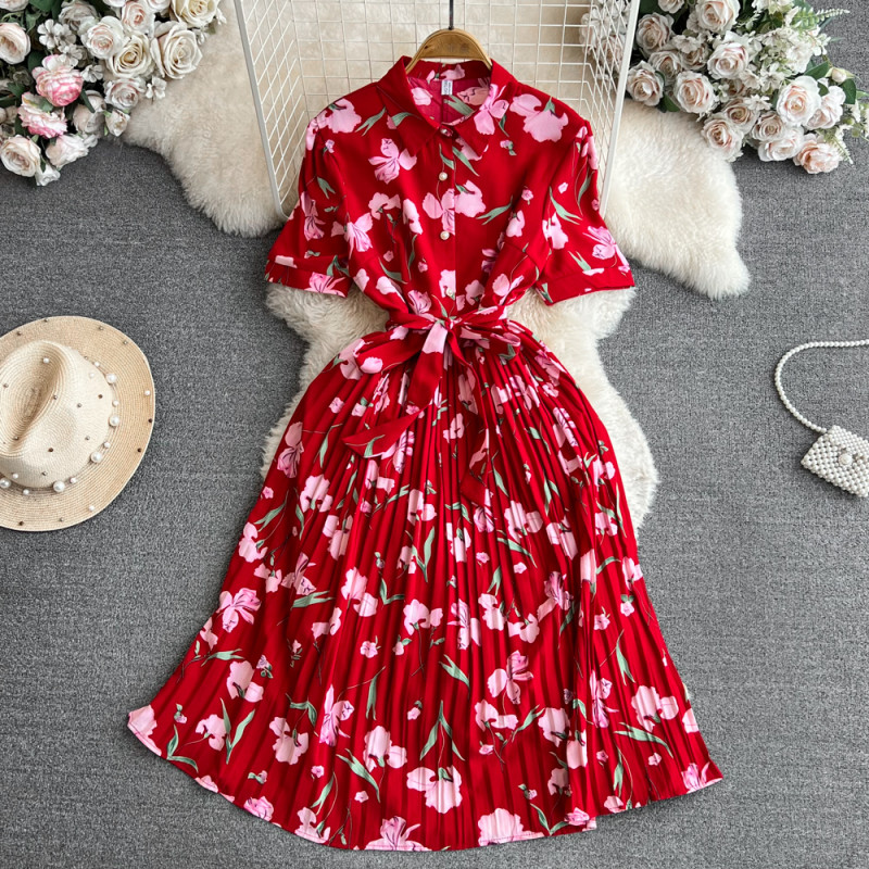 🖤 Summer Vintage Printed Pleated Midi Dress Turn-Down Collar Single Breasted High Waist Elegant Casual Dress 🌿
