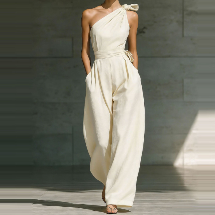 🖤 Slash Collar Sleeveless Hollow Out Solid Wide Leg Jumpsuit With Pockets Elegant Commute Playsuit 🌿