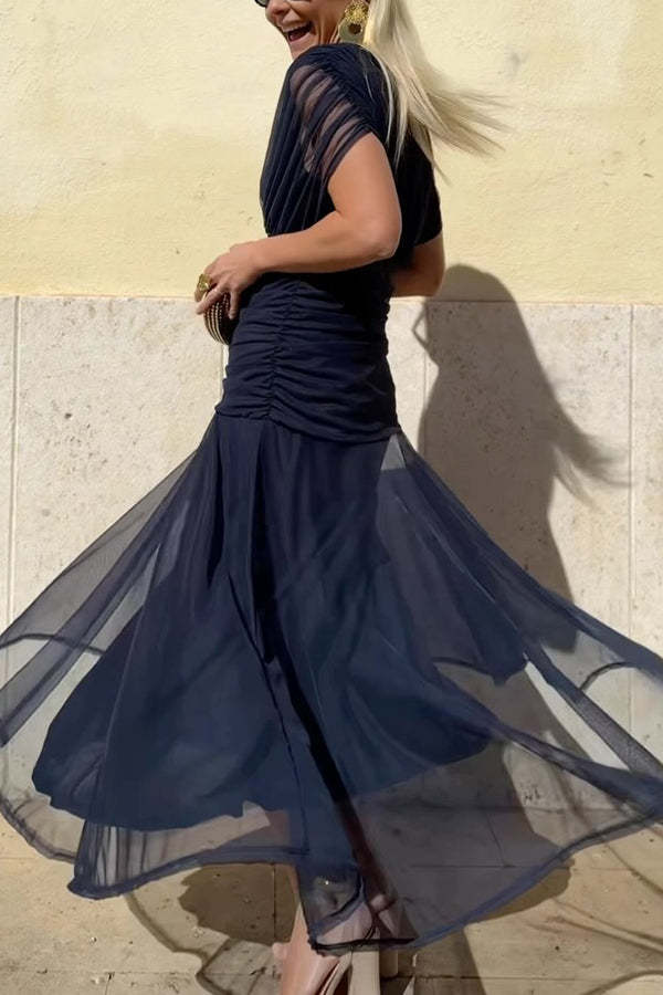 Unique Printed V-Neck Waisted Mesh Holiday Maxi Dress