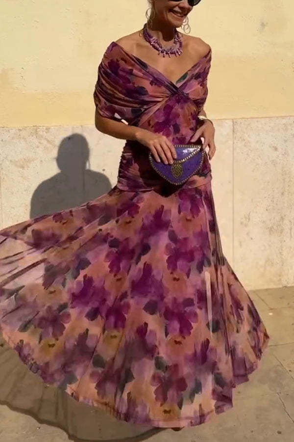 Unique Printed V-Neck Waisted Mesh Holiday Maxi Dress