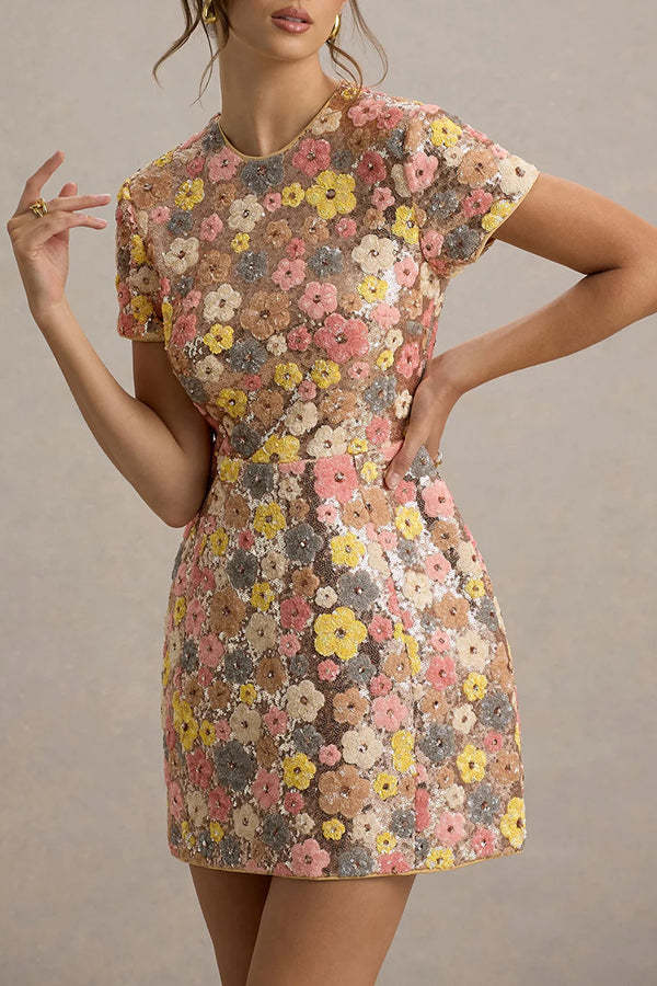 80's Inspired Floral Print Sequin Short Sleeve Stretch Mini Dress