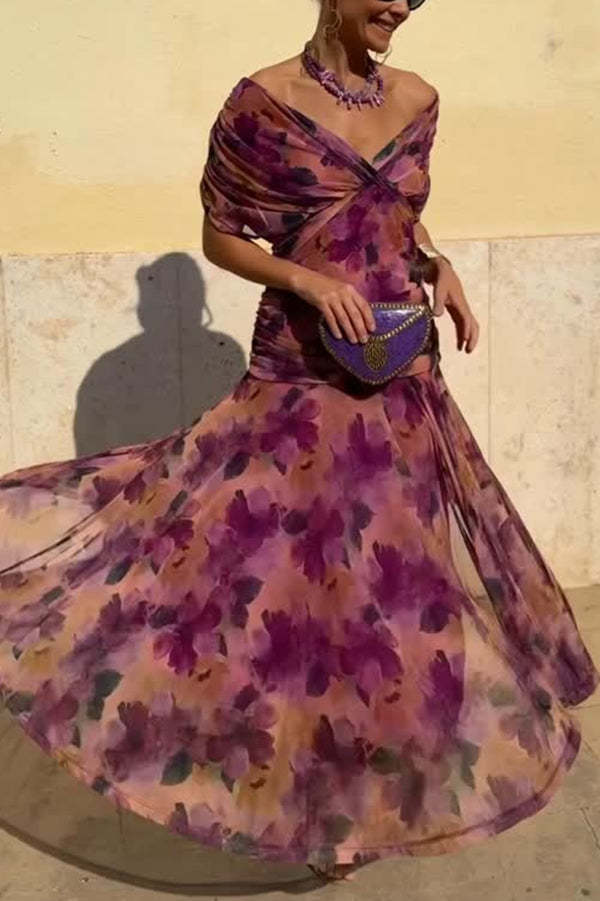 Unique Printed V-Neck Waisted Mesh Holiday Maxi Dress