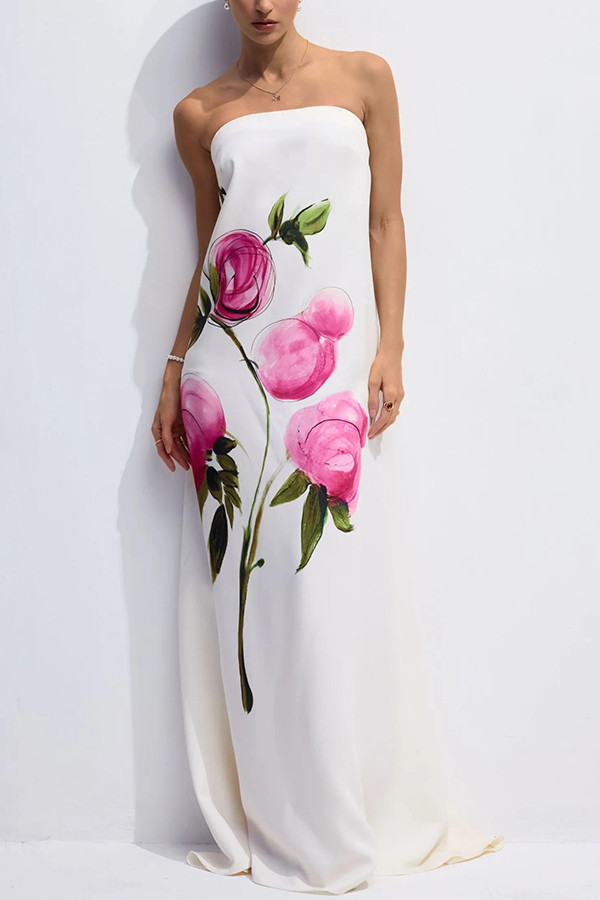 Garden Wedding Painted Roses Print Strapless A-line Maxi Dress