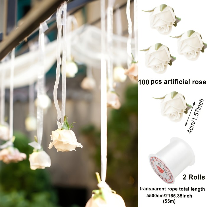 102pcs White Rose Waterfall Set Includes 100 Artificial Roses+ 2 Rolls of Transparent Rope Valentine's Day Wedding Party Bridal Shower Birthday Room Decoration Supplies