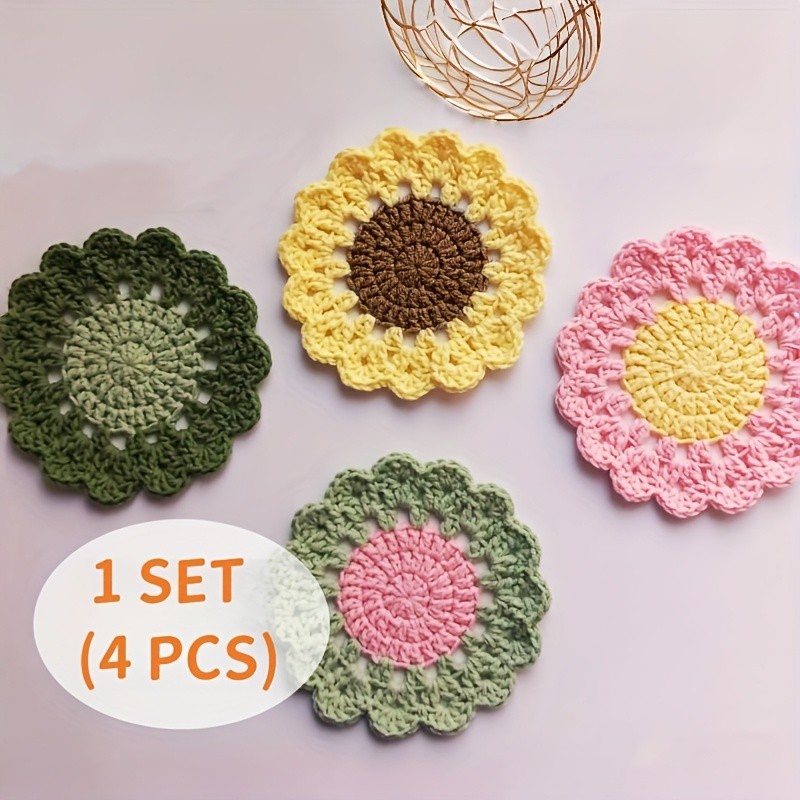 ✨ 4Pcs Handmade Crochet Pink Flower Coasters with Flowerpot Holder Housewarming Home Decor 🌸