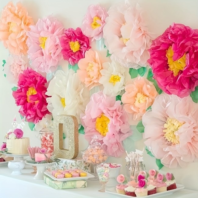12 Multicolored Stamen Paper Flower Balls with Paper Green Leaf Decorations, Including 8 10-Inch And 4 8-Inch Stamen Paper Flower Balls