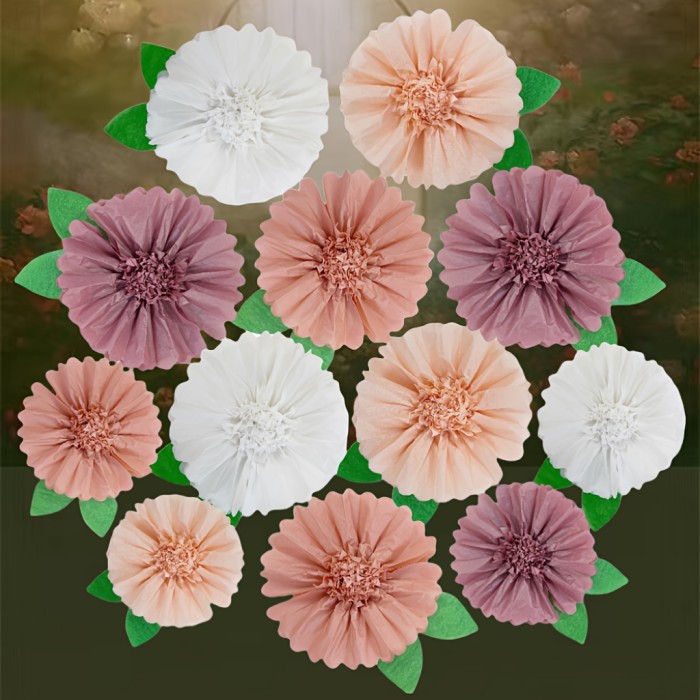 12 Multicolored Stamen Paper Flower Balls with Paper Green Leaf Decorations, Including 8 10-Inch And 4 8-Inch Stamen Paper Flower Balls