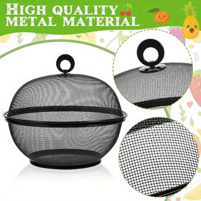 ✨ Black Metal Mesh Food Bowl with Lid Insect-Proof Kitchen Outdoor Fruit Storage 🖤