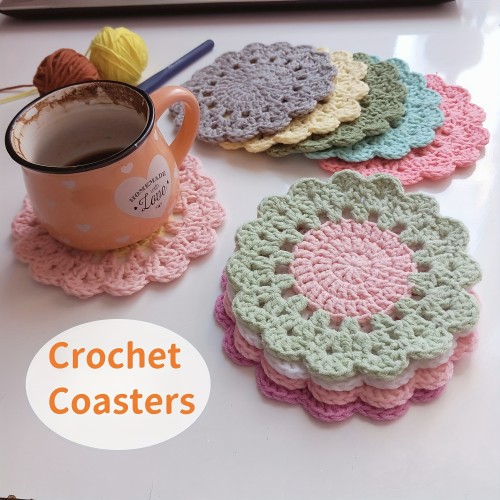 ✨ 4Pcs Handmade Crochet Pink Flower Coasters with Flowerpot Holder Housewarming Home Decor 🌸