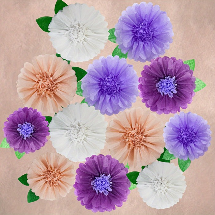 12 Multicolored Stamen Paper Flower Balls with Paper Green Leaf Decorations, Including 8 10-Inch And 4 8-Inch Stamen Paper Flower Balls