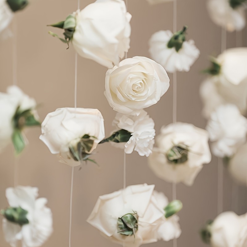 102pcs White Rose Waterfall Set Includes 100 Artificial Roses+ 2 Rolls of Transparent Rope Valentine's Day Wedding Party Bridal Shower Birthday Room Decoration Supplies