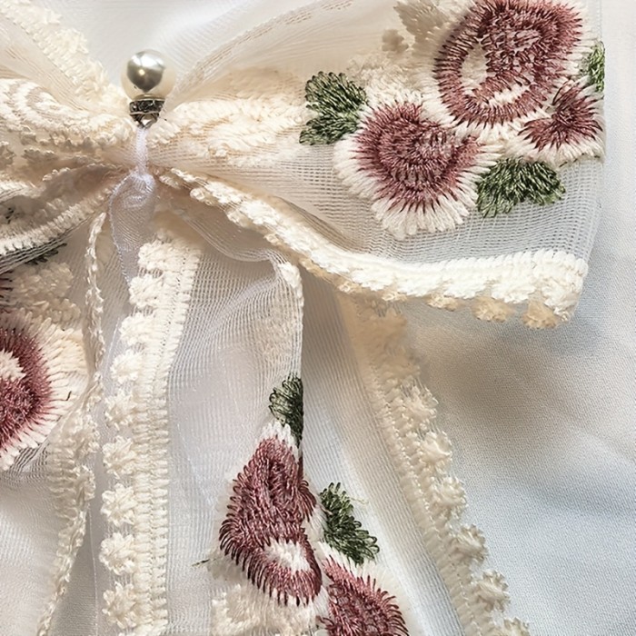 2pcs Embroidered Rose Faux Pearl Lace Bow Curtain Tiebacks, No-Drill Adjustable Curtain Holdbacks, Elegant Vintage French-Style Window Decor for Home