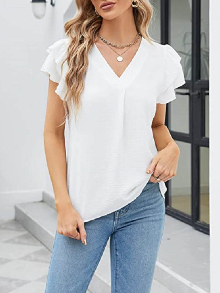 Textured Split-Joint Solid Color Short Sleeves Ruffle Sleeves V-Neck Blouses&Shirts Tops