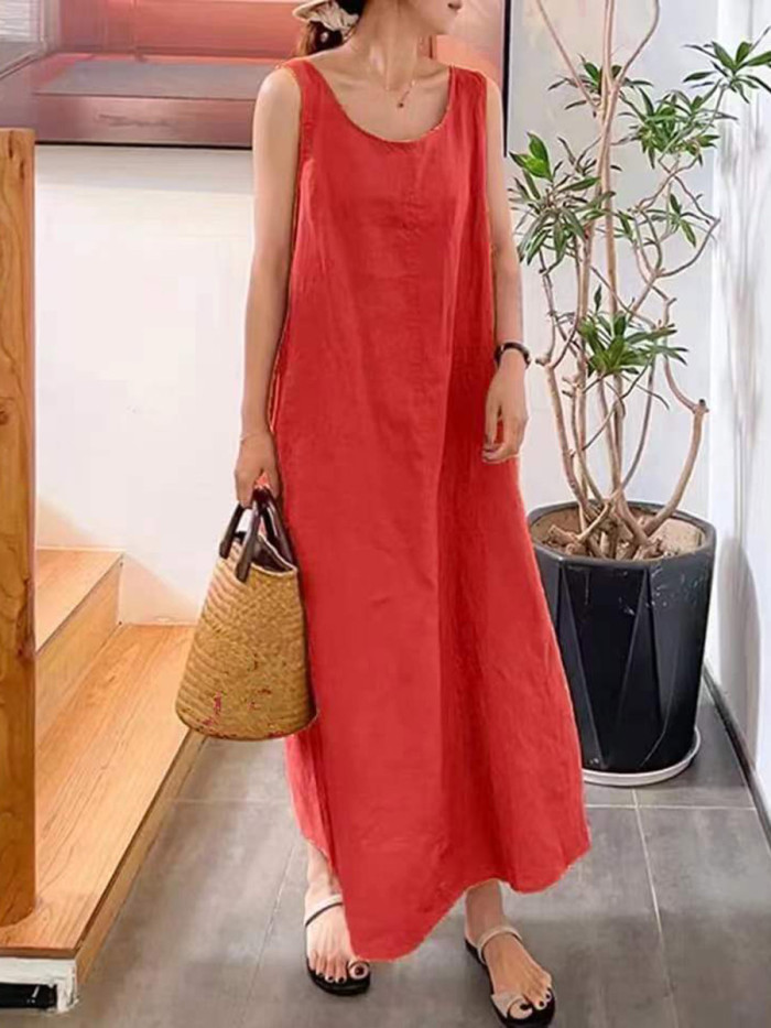 Split-Joint Solid Color Pockets Sleeveless Plus Size Square-Neck Maxi Dresses