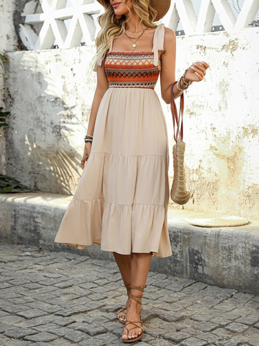 Split-Joint Pleated Jacquard Contrast Color Sleeveless High Waisted Adjustable Straps Midi Dresses