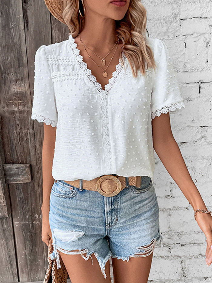 Textured Split-Joint Solid Color Jacquard Short Sleeves Loose V-Neck T-Shirts Tops