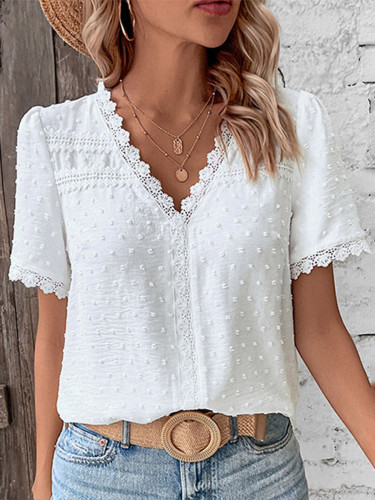 Textured Split-Joint Solid Color Jacquard Short Sleeves Loose V-Neck T-Shirts Tops