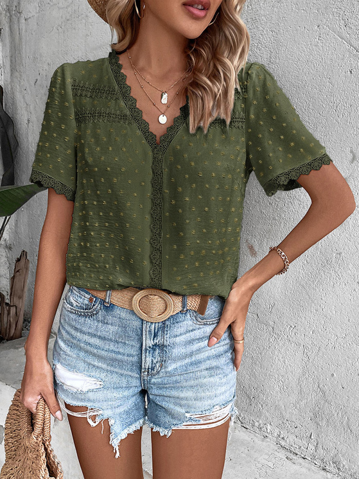 Textured Split-Joint Solid Color Jacquard Short Sleeves Loose V-Neck T-Shirts Tops