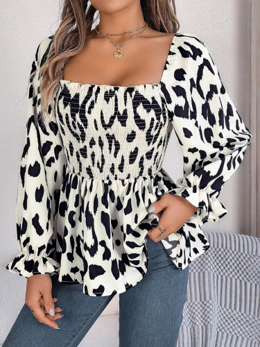 Ruffled Pleated Leopard Puff Sleeves Long Sleeves Square-neck T-Shirts Tops