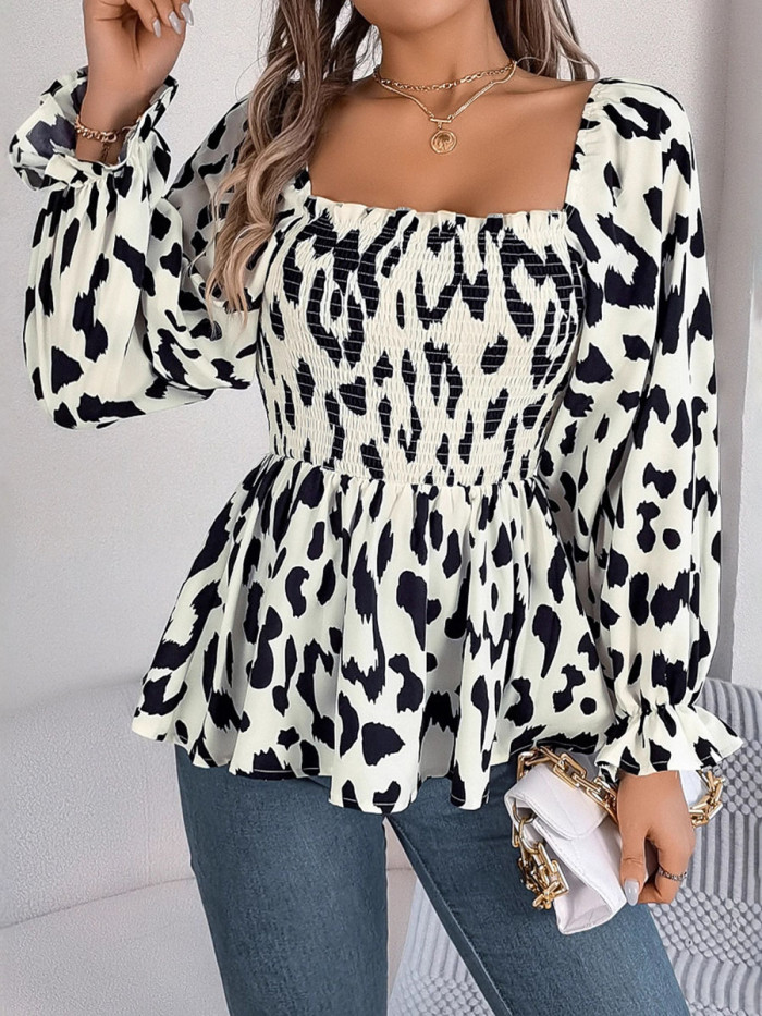 Ruffled Pleated Leopard Puff Sleeves Long Sleeves Square-neck T-Shirts Tops