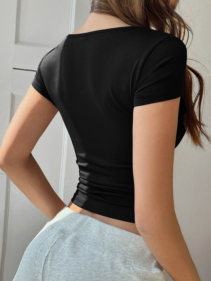 Split-Joint Contrast Color Skinny Short Sleeves Deep V-Neck T-Shirts Tops