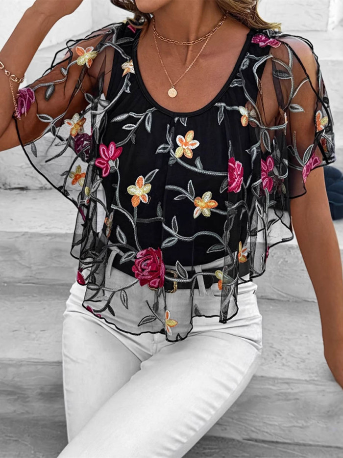 Split-Joint Layered Flower Print Contrast Color Short Sleeves Loose Round-neck Blouses&shirts Tops